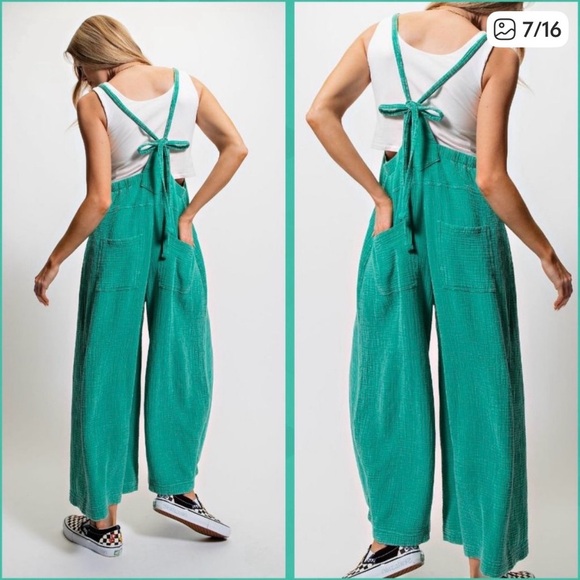 Easel Here I Am Mineral Washed Green Cotton Wide Leg Jumpsuit Boho L - Picture 2 of 16